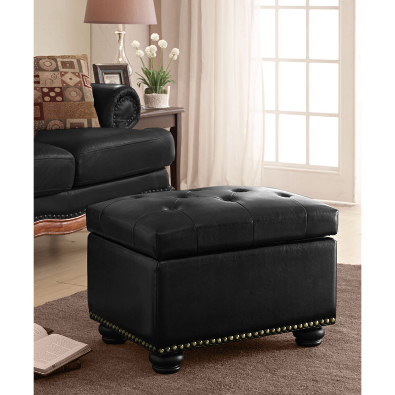Frontenac 24" Wide Faux Leather Tufted Rectangle Storage Ottoman, Black Faux Leather