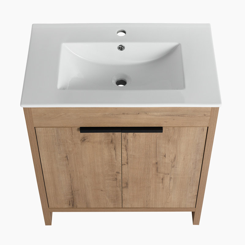 Meuble-lavabo autoportant simple avec plateau en céramique Ashvihan, Imitation chêne