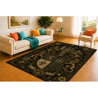 "Ultra Lightweight" 5'x7' Heraldic Shield Rug, Castle Crest and Floral Scrollwork Design, Smooth Printed Floor Cover for Library, Office, Lounge and Medieval Decor
