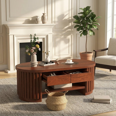 FFZ 43.7" Mid-Century Modern Fluted Oval Coffee Table with Drawers Tempered Glass Top 2-Tier Solid Wood Construction