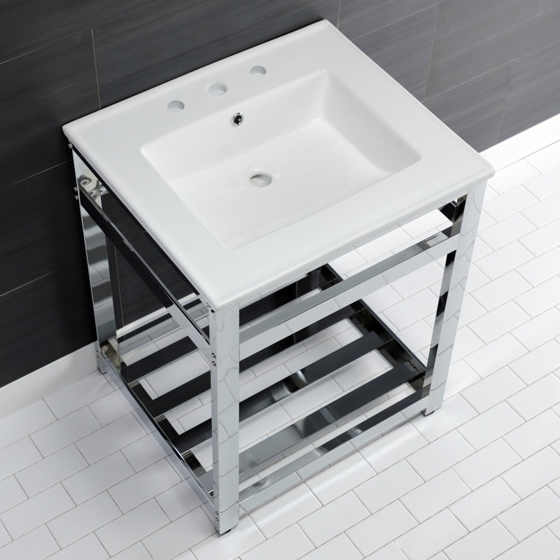 Kingston Brass Quadras 25-Inch Ceramic Console Sink with Stainless Steel Base and Shelf, White/Chrome, 8" Centers