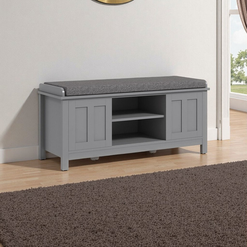 HOMCOM Gray Shoe Rack Entryway Bench with Removable Cushion & Sliding Doors, Storage for 10 Pairs, Gray