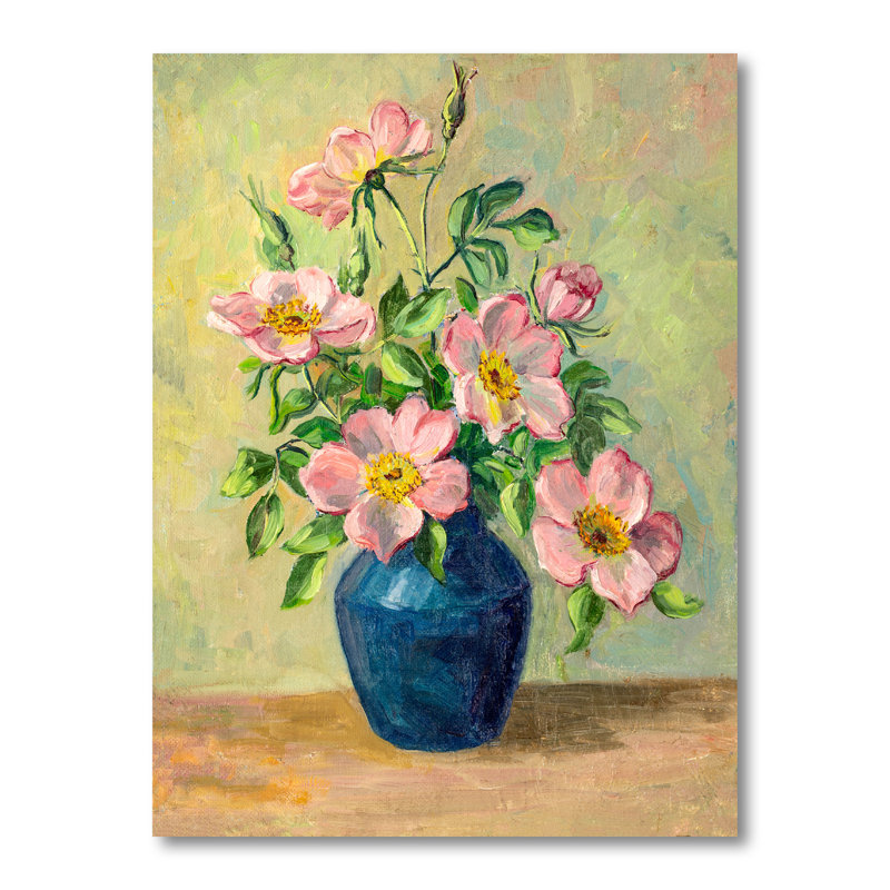 Fleurs roses dans un vase bleu - Peinture sur toile encadrée, H 36 po x l 24 po x P 1 po, Toile tendue