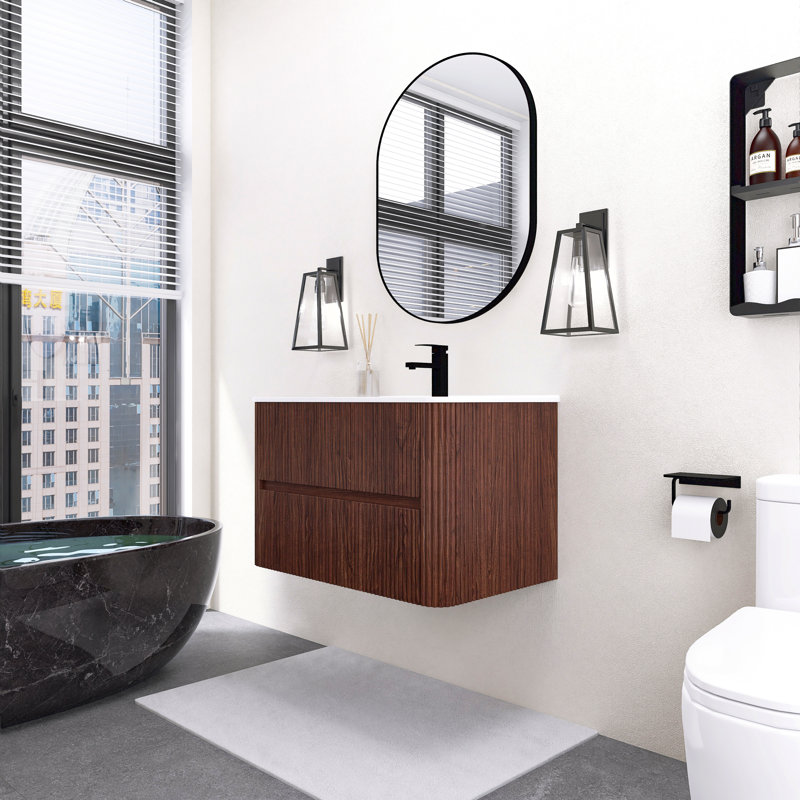 Meuble-lavabo flottant 30 po avec tiroirs, meuble à grain de bois rétro en noyer avec cuve en céramique intégrée, 30"