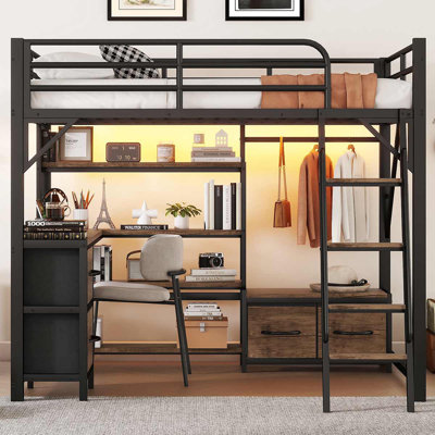 Lit mezzanine en métal avec tablettes de rangement, garde-robe et tiroirs pour adolescents et adultes