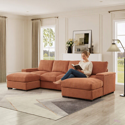 122 Inch U-Shaped Cloud Modular Sectional Sofa, Corduroy Sleeper Sofa for Living Room, Modern, Small Space, Easy Assembly, 4-Seat with 2 Ottomans