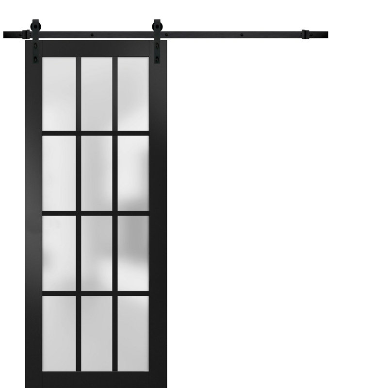 Portes de grange en verre givré noir Felicia avec trousse de quincaillerie d'installation, 42 po x 96 po