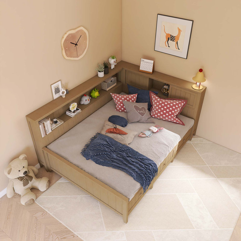 Lit de jour double en bois avec tablettes de rangement et 3 tiroirs, Complet/Double