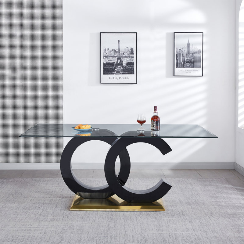 Table de salle à manger en verre trempé avec support central en panneau de fibres à densité moyenne blanc et base en acier inoxydable pour un design moderne