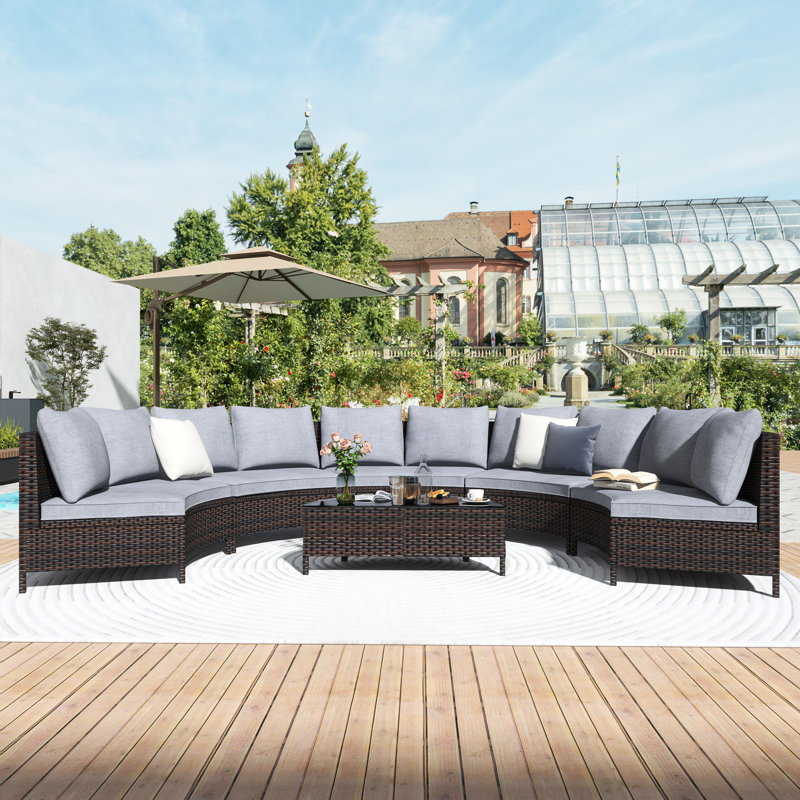 5-Piece Curved Outdoor Brown Wicker Sofa Set Patio Sectional Furniture Set Half-Moon Sofa Set&Gray Cushions&Coffee Table With Tempered Glass Top