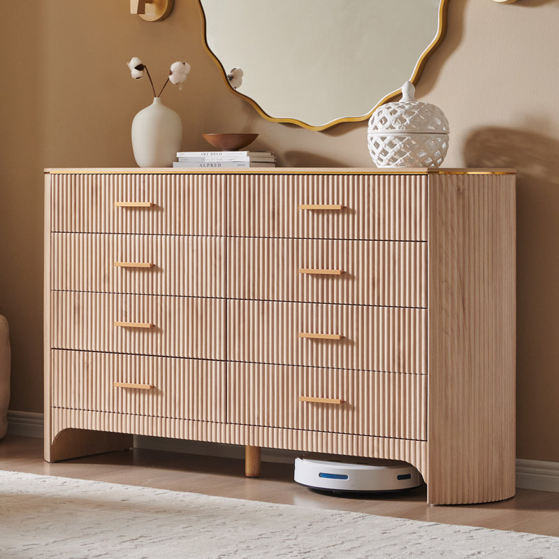 Commode moderne à 8 tiroirs pour la chambre à coucher, commodes de 54 po de largeur et commode à profil courbé, chêne clair