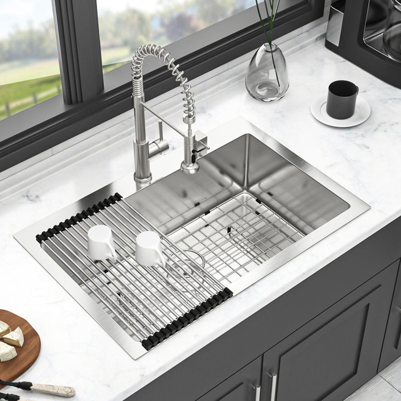 33X22 Inch Topmount Kitchen Sink 16G: Stainless Steel With Smooth Water Flow And Soundproof Feature X-Shaped Drain Sound Absorption