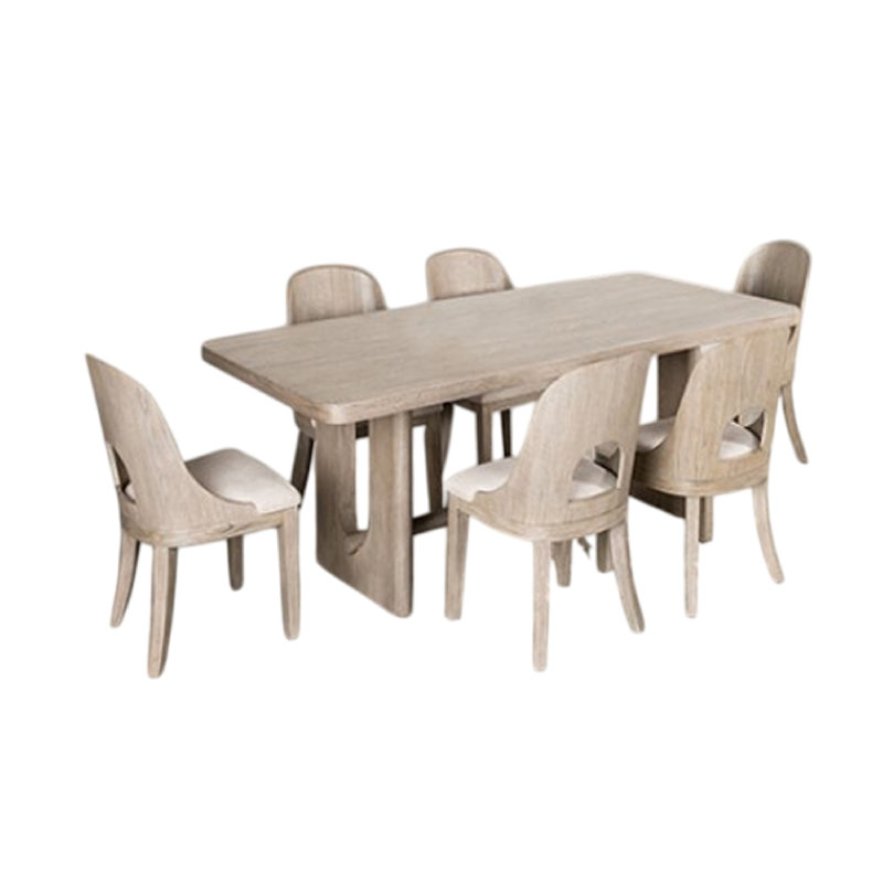 Ensemble de table de salle à manger 7 pièces Zoko, sièges coussins en polyester, bois délavé, Chêne blanchi