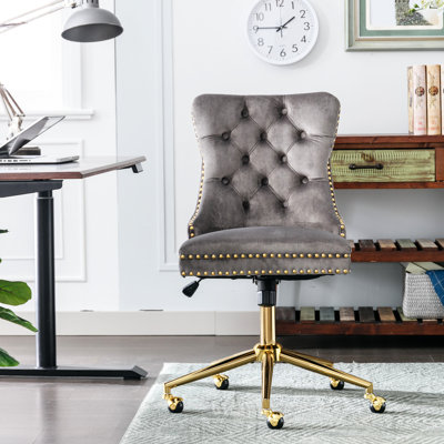 Chaise de bureau Meghan en velours gris, avec revêtement en boutons et base en métal doré pivotant réglable, pour l'espace