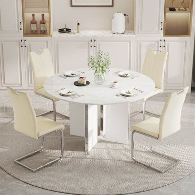 Ensemble de table de salle à manger rond en marbre avec chaises modernes en similicuir, ensemble de coin-repas pour appartement et petit espace