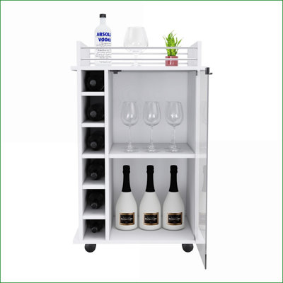Chariot-bar avec porte vitrée, roulettes verrouillables et amp; 6 casiers | Blanc neige | Panneau de particules