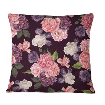 Coussin décoratif beige et mauve à motif de fleurs rétro IV