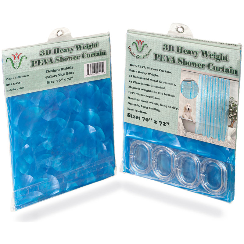 Plastic Shower Curtain with Hooks Included, Sky Blue
