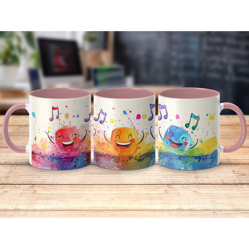 Kids Drawing Style 11oz Accent Mugs – Ceramic Coffee Cup with a Pink Handle and Interior