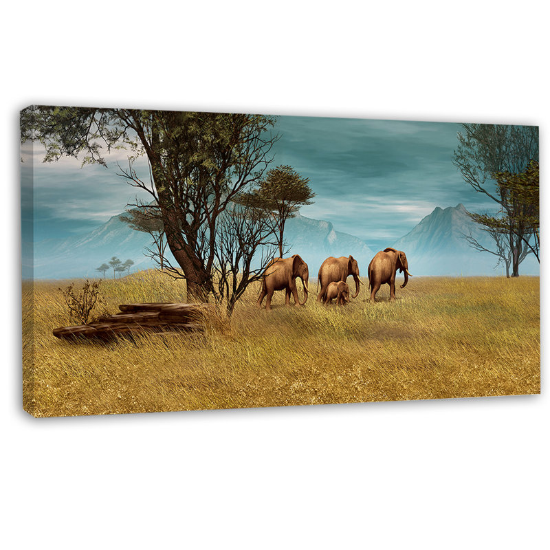 «African Elephants Panorama», photographie, H 28 x l 60 po x P 1 po, Toile tendue