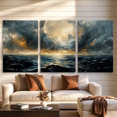 Tableau en toile tendue sur châssis, 40 x 90 cm, représentant un paysage marin côtier en trois parties, avec lever de soleil doré - Idéal pour un couloir.