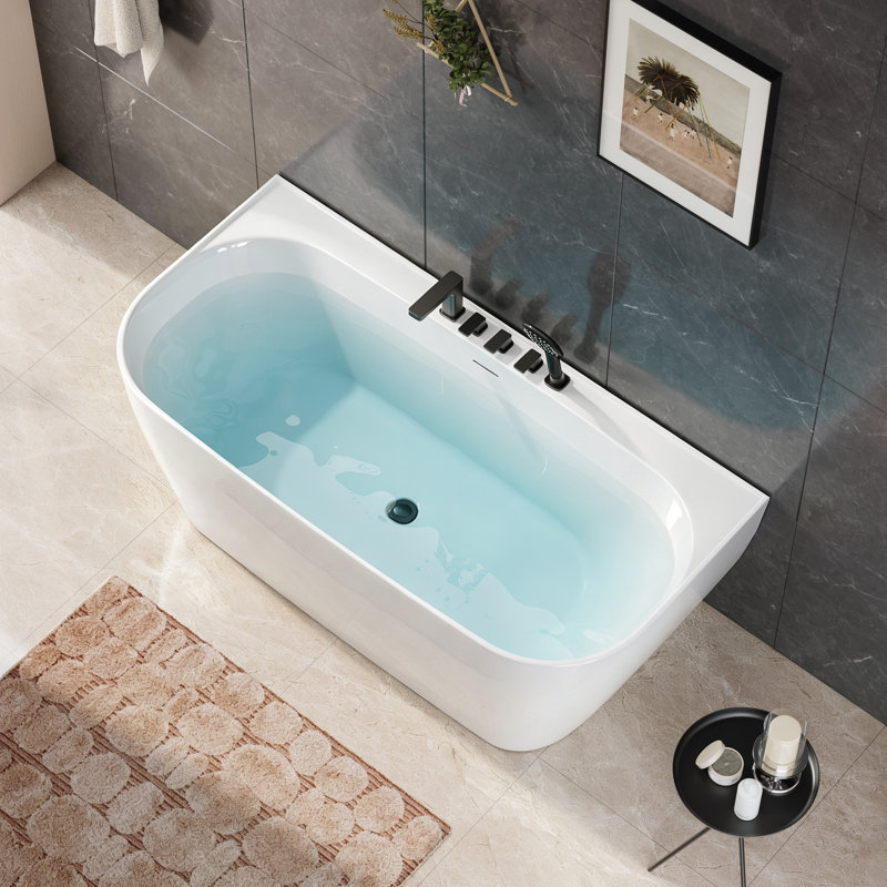 59'' Freestanding Soaking Acrylic Bathtub With Faucet And Hand Shower , All-in-One Design for Effortless Installation