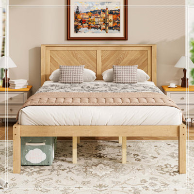 Queen Size Solid Wood Platform Bed Frame with Herringbone Wood Headboard, Farmhouse Chevron Panel Bed, Under Bed Storage Clearance, No Box Spring Needed, Natural Oak Finish