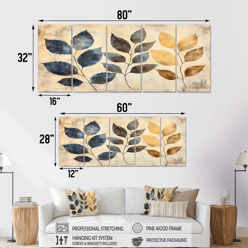 Faded sépia feuilles I - Lea - sépia Art - ensemble de décoration murale traditionnelle, H 32 po x l 80 po, 5
