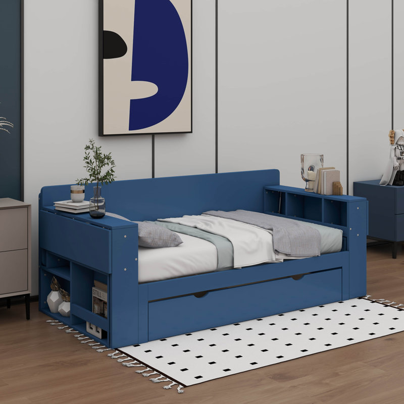 Queen Size Daybed With Removable Desk, Storage Drawers And Hydraulic Side Table, Blue, Queen