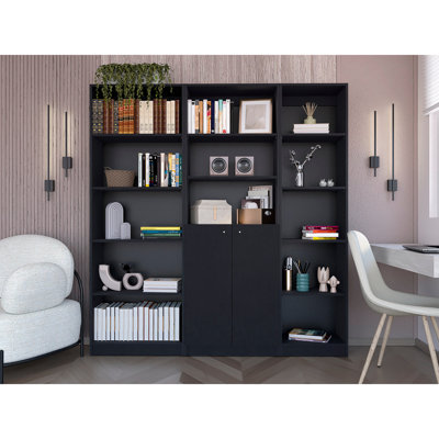 Ensemble de bibliothèque de salon noir à 3 tablettes: 4 tablettes minces et 2 portes pour un rangement diversifié démontrant une apparence agrégée: plusieurs apparences