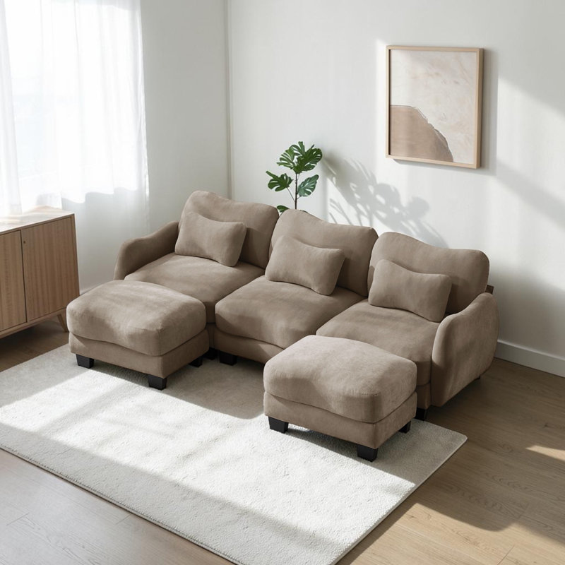 Canapé en forme de U en chenille avec 2 repose-pieds mobile, canapé modulaire surdimensionné à 3 places avec coussins de taille exquise, facile à assembler