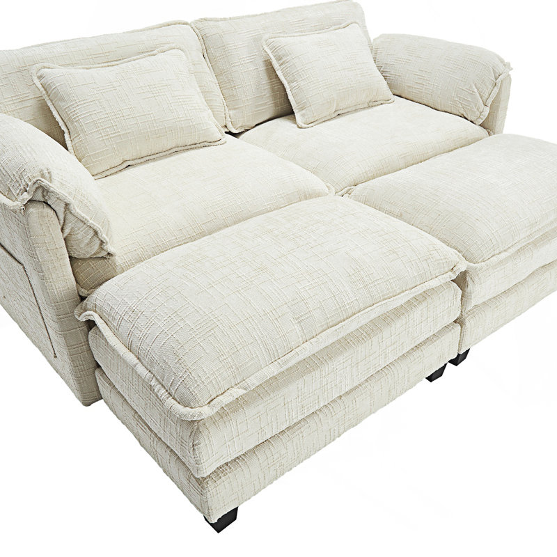 Zuri Upholstered 2-Seater Sectional Sofa with Ottomans, Beige Chenille