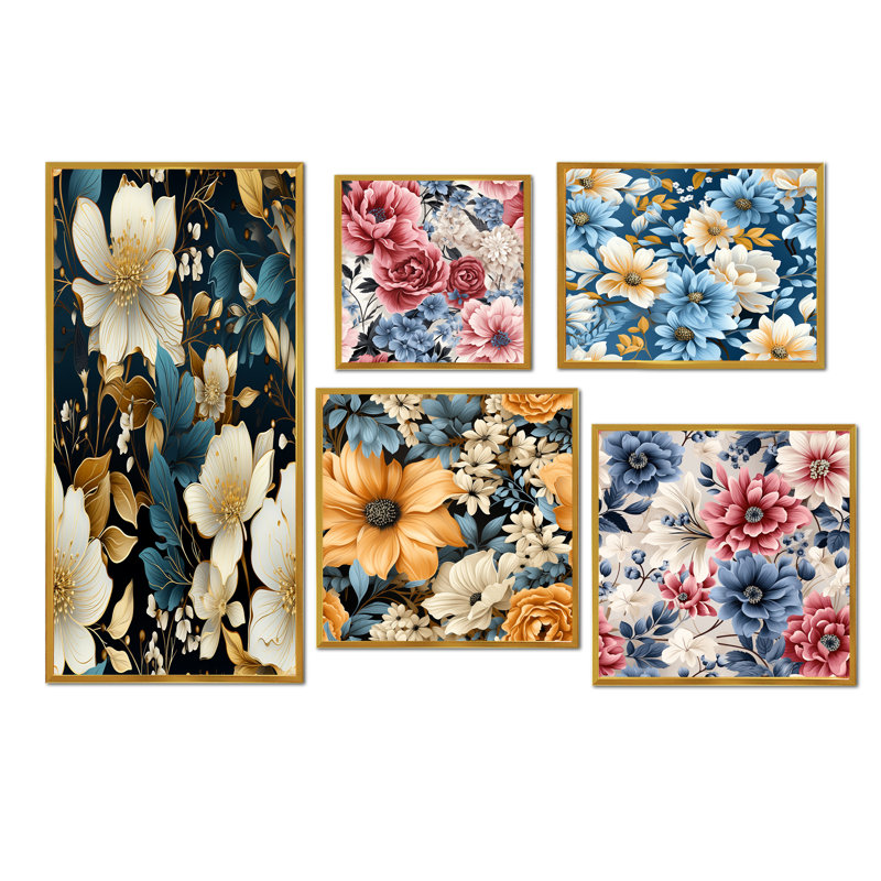 Jans - ensemble de 5 reproductions d'art sur toile florale, Cadre flottant doré