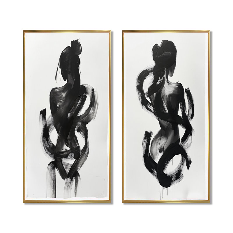 And Minimal Woman Silhouette I - Abstract Shapes Wall Art 2 Pieces Set, Gold Floater Framed, 28" H x 24" W