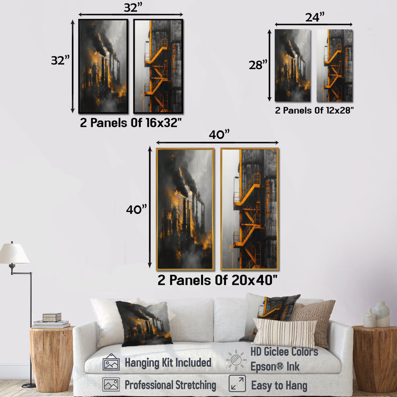 Laborn - Factories Wall Art 2 Pieces Set, 28" H x 24" W, Framed Print, Gold