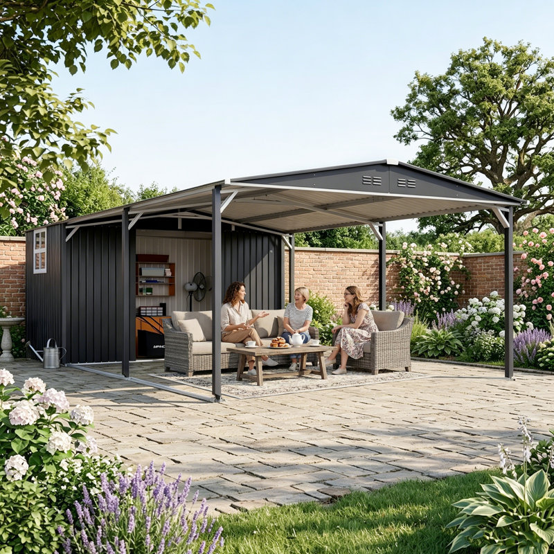 Abri de rangement en métal 11,3 x 23 pi, garage en acier robuste avec porte coulissante, panneau UV et toit incliné imperméable, gris