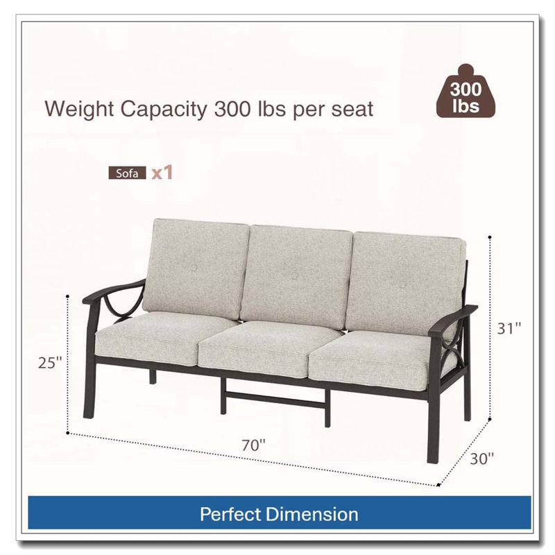 70 All-Weather Metal 3-Seat Patio Sofa with Beige Cushions, Beige
