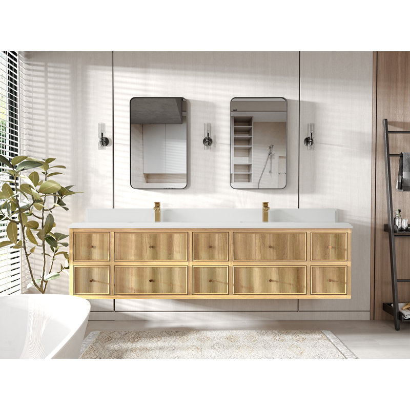 Sonoma 84'' Light Natural Teak Double Floating Vanity with Quartz Top