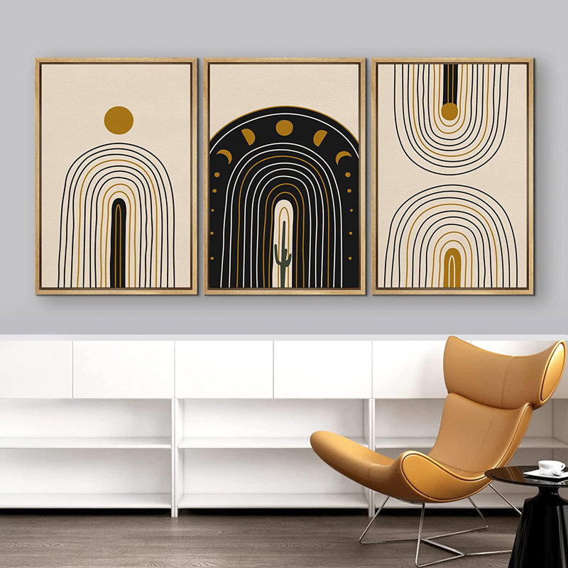 Mid Mid Modern Boho Moon Geometric Landscape Abstract Shapes Illustration - 3 Floater Frame, impression sur toile, Naturel