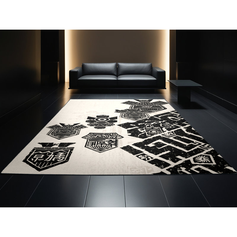 Soft Plush Athanas Samurai Banner Crests Traditional Block Print Area Rug in Beige – Black Binding, 8x12