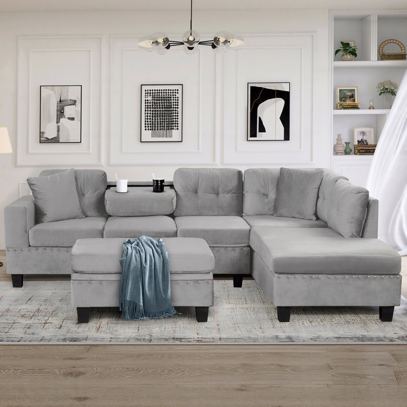 Canapé modulaire Basic, canapé moderne de 105 po avec repose-pieds avec rangement, canapé en L avec 2 coussins décoratifs et porte-gobelets, canapé avec méridienne réversible