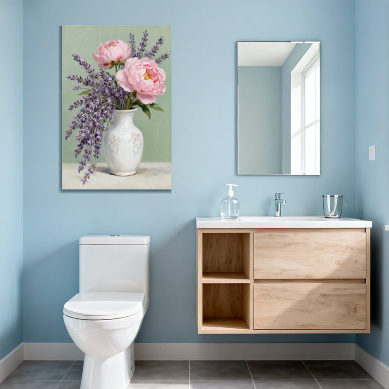 Plantes et fleurs, pivoines roses et lavande dans un vase blanc, H 36 po x l 24 po