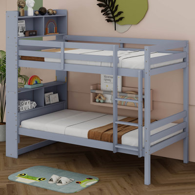 Twin Over Twin Bunk Bed With Shelves,Rubber Wood Bunk Bed With Shelves Headboard,Guardrails And Ladder,Convertible To 2 Beds