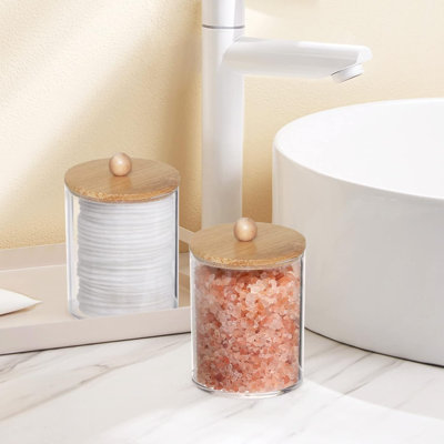 10-Ounce Cotton Swab Holder Bathroom Jars Canisters For Cotton Ball Swab Pad Storage Dispenzer, Bamboo Lid (2 Pack)