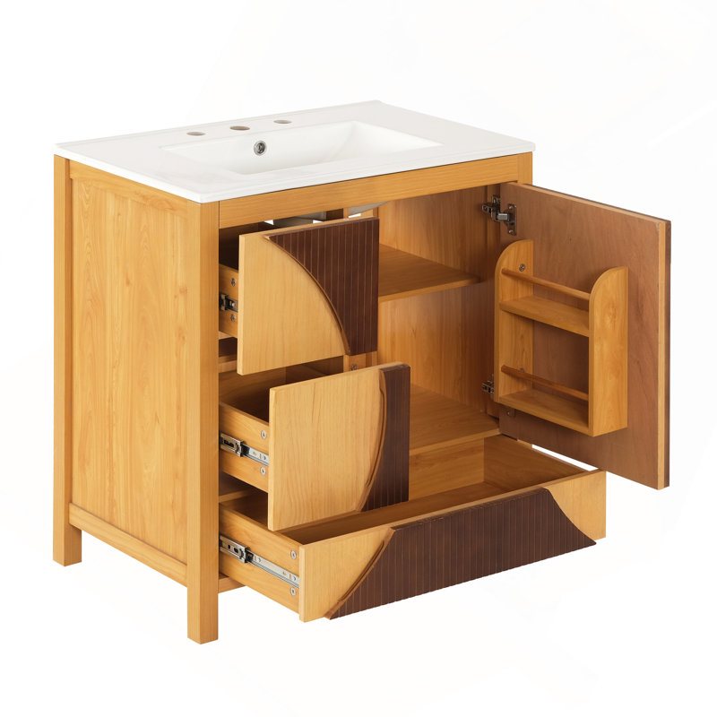 Évier 30 pouces Mid-Century - Armoire autoportante artistique en bois avec 3 tiroirs et porte à fermeture en douceur
