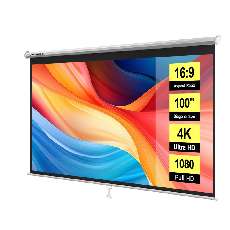 Manual Ceiling Mounted Projector Screen, 100" Diagonal (58" x 91"), White