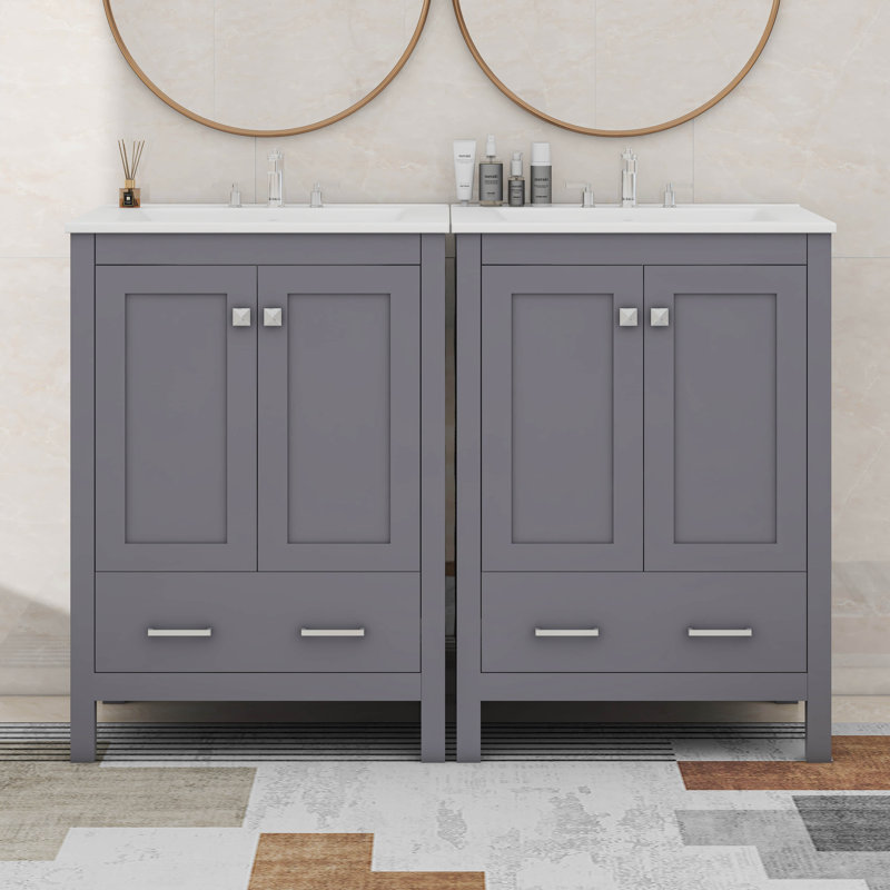 Meuble-lavabo 48 po avec tiroir divisé et tablette de porte double couche, Gris