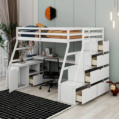 Lit mezzanine avec 7 tiroirs, 2 tablettes et un bureau