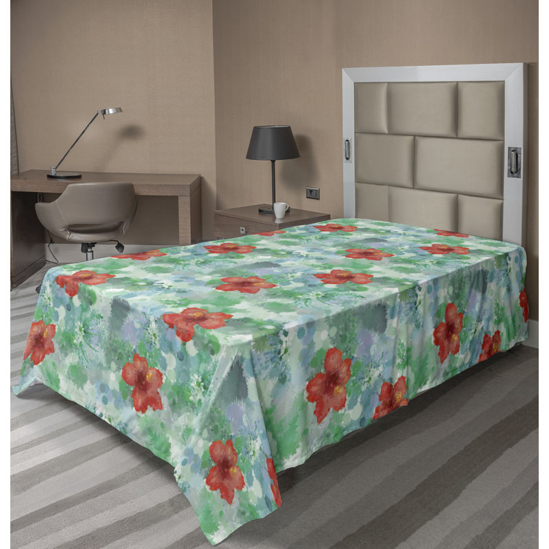 Drap plat Ambesonne, Drap plat pour lit simple, Dark Coral Green Floral