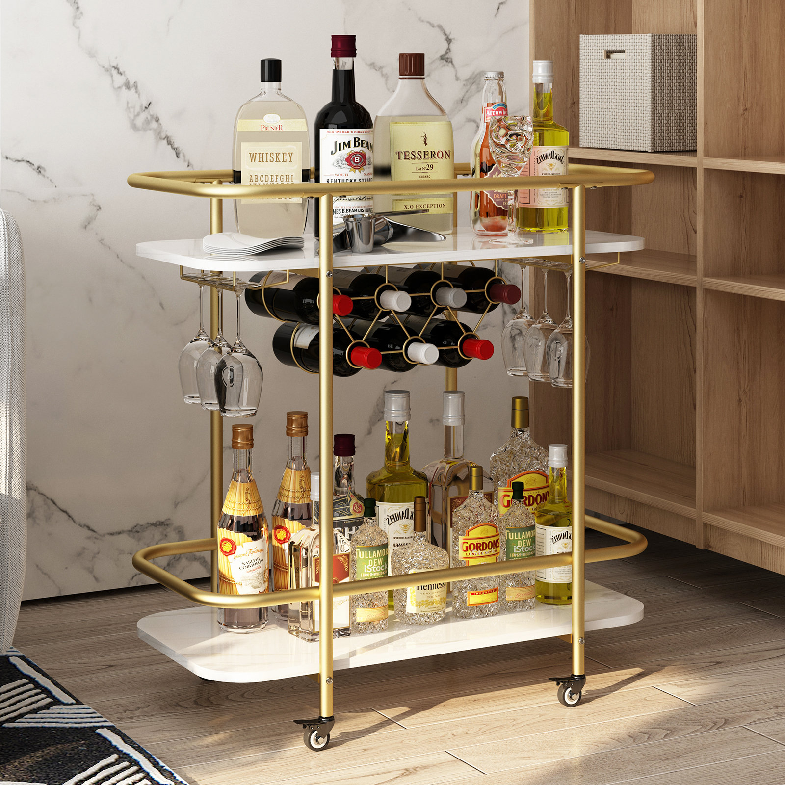 3 Tier Kitchen Gold Bar Cart Home Bar Serving Cart with Wine Rack Glasses  Holder